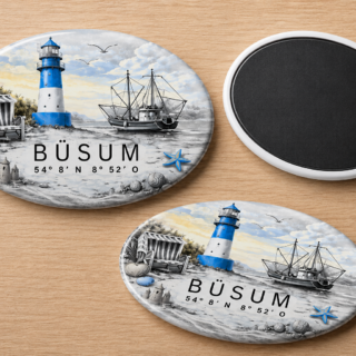 Kühlschrankmagnet „Büsum Leuchtturm Blau“ – Oval